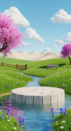 3D render of a spring landscape with a pond and a benchの写真素材