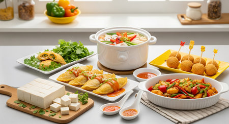 Assorted appetizers served on a white table in a modern kitchenの写真素材