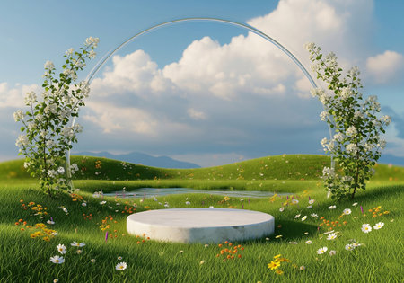 3d render of white round podium on green grass with flowers and sky backgroundの写真素材