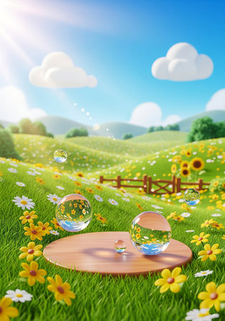 Wooden table on green meadow with flowers and blue sky backgroundの写真素材