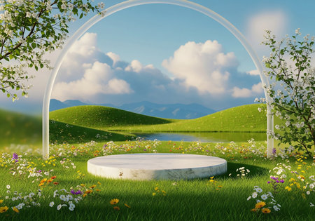 3d render of white podium with green grass and flowers on blue sky backgroundの写真素材