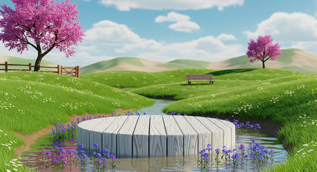 3d rendering of a park with a bench and a pond with flowersの写真素材