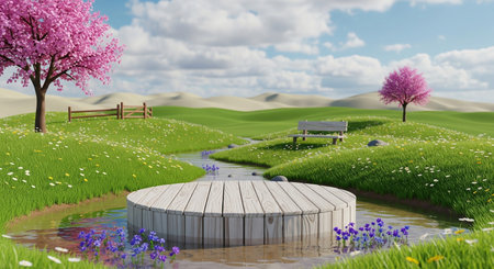 Spring landscape with wooden table and bench in the meadow. 3d renderの写真素材