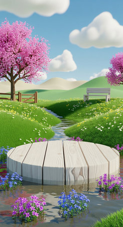 Wooden table and bench on spring meadow with flowers. 3D renderingの写真素材