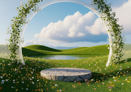 3d render of round podium in the green grass field with flowersの写真素材