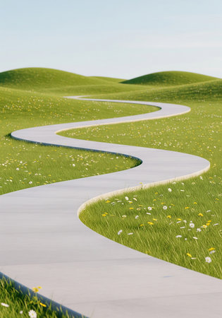 Curved road in the green field with dandelions and daisiesの写真素材