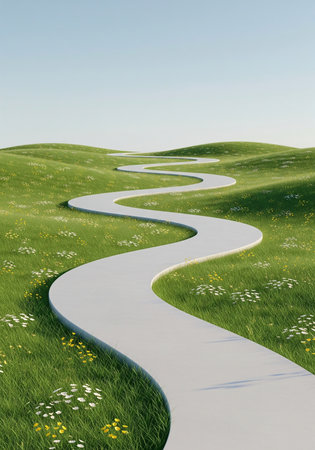 Conceptual image of a winding road on a green meadowの写真素材
