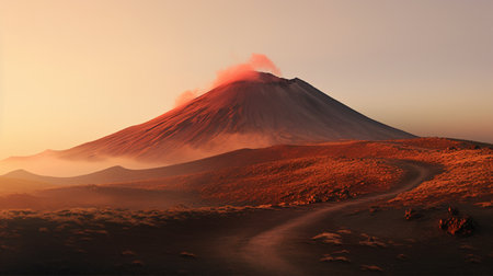 Volcano at sunrise. 3D rendering. Computer digital drawing.