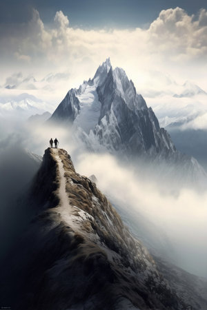 Mountain landscape with two hikers on top of a mountain peak.の写真素材