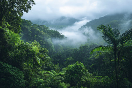 Landscape of tropical rainforest and fog in the morning. Nature backgroundの写真素材