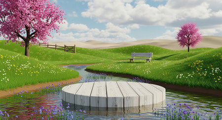 Wooden bench on a meadow with blooming flowers and a pondの写真素材