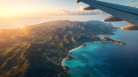 Aerial view of the sea and mountains from airplane window. Travel conceptの写真素材
