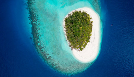 Aerial view of a small uninhabited island in the Maldivesの写真素材