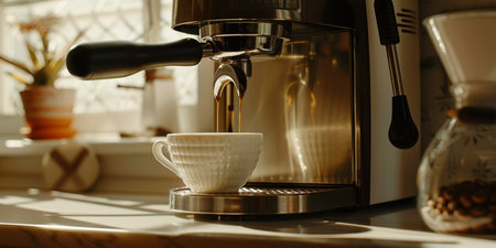 Coffee machine with cup on table in cafe, closeup