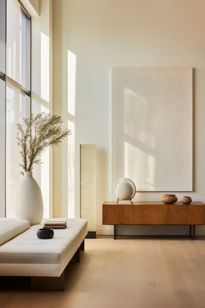 Interior of a modern living room with a white sofa and a vaseの写真素材
