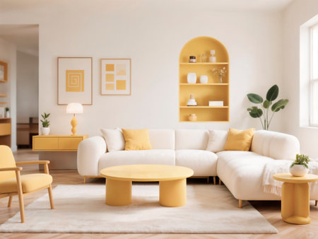 Modern living room interior with yellow sofa, coffee table and bookshelf. 3d render