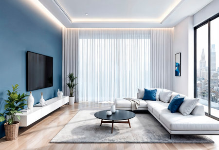 Modern luxury living room with blue walls, wooden floor, white sofa and coffee table. 3d rendering