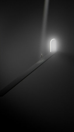 Staircase in a dark room with a light from the end