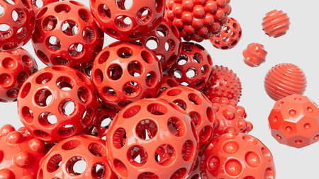 Abstract 3D rendering of red spheres with holes in the center.