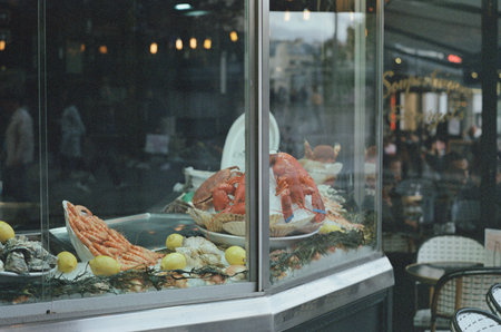 Seafood shop in Paris, France. Seafood shop window.の写真素材