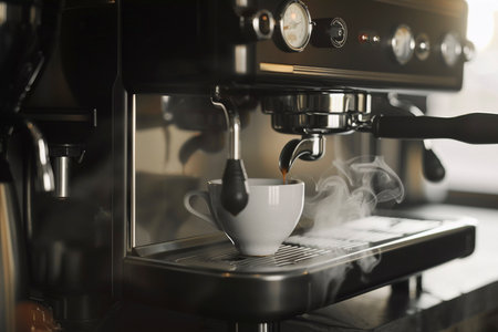 Coffee machine with cup of coffee in cafe, closeupの写真素材