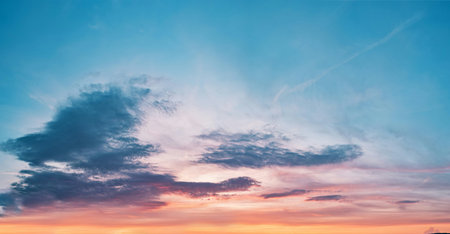 Sunset sky with clouds. Beautiful nature background. Panoramic image.
