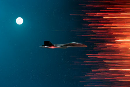 3D Illustration of a jet flying in the moonlight.