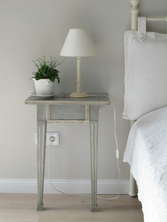 Interior of a bedroom with bedside table, lamp and plant