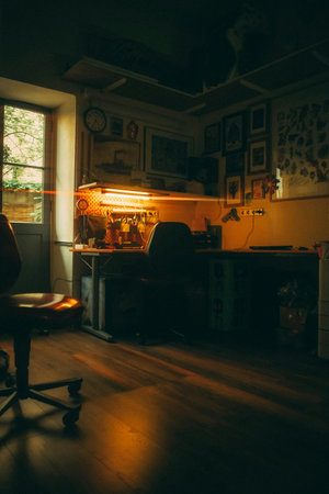 interior of a room with a table and chair