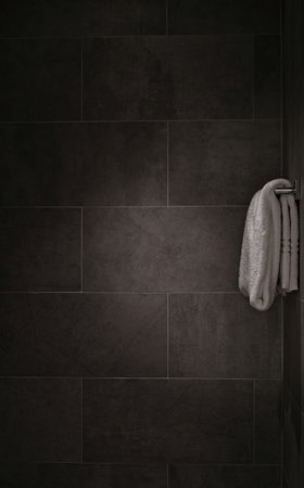 Towel on black tile wall in modern bathroom. 3d rendering