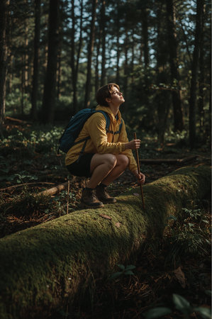 Woman hiker sitting on a fallen tree in the forest, looking upの写真素材
