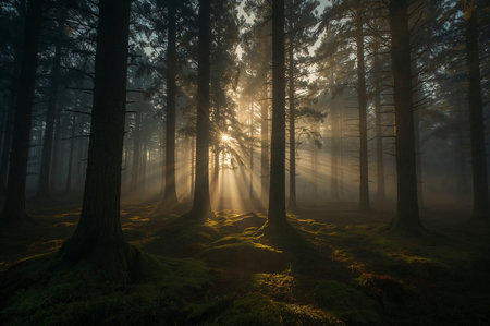 Mysterious foggy forest with sunbeams in the morning