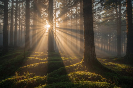 Morning in the forest with sunbeams and rays of light.