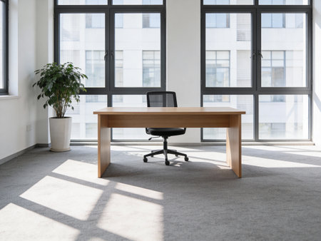 Interior of a modern office with wooden table and chair. Nobody inside