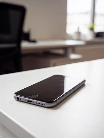 Smartphone on the table in the office. Selective focus.