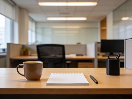 Blank notepad and coffee cup on wooden table in modern officeの写真素材