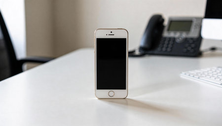 Smartphone with black screen on the table in the office, stock photoの写真素材