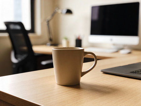 Coffee cup on wooden table in the office, stock photoの写真素材