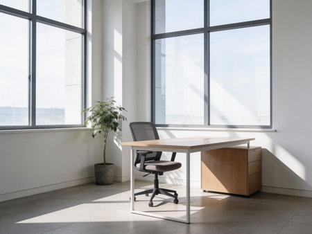Interior of modern office with panoramic window, nobody insideの写真素材