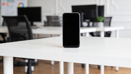 Smartphone with blank screen on table in office. Mockup for designの写真素材