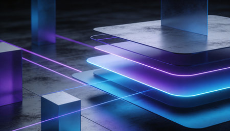 3d render, abstract background with blue and violet neon lights, geometric shapes