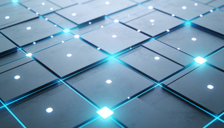 3D rendering of abstract technology background with blue glowing neon squares.