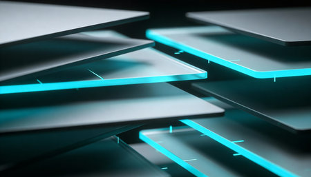 3D render of a laptop with blue neon lights on a black backgroundの写真素材