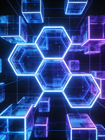 Abstract glowing hexagon grid on dark blue background. 3D Rendering
