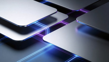 Abstract technology background with glowing metallic square shapes. 3D Rendering