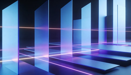 3d render, abstract background, empty showcase, blue neon light