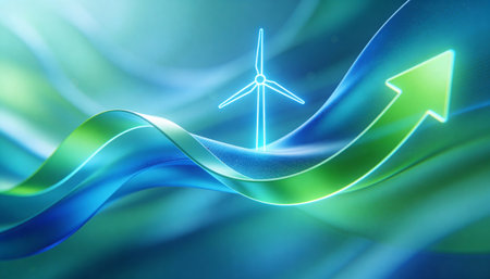 Energy and ecology concept with wind turbines and rising arrow on blue background