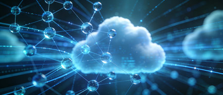 3D rendering cloud computing with connection lines and dots on dark background