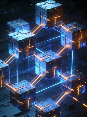 Abstract 3d rendering of big data concept. Futuristic wireframe cube on dark background.