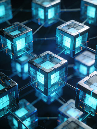 3d rendering of abstract digital cube with network connection on dark background